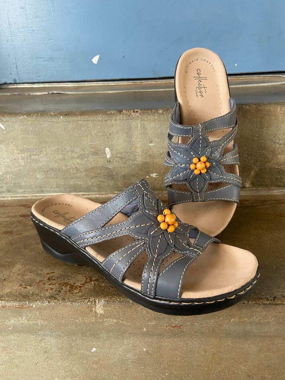 Clarks Lexi Myrtle denim blue slide sandal with bead detail